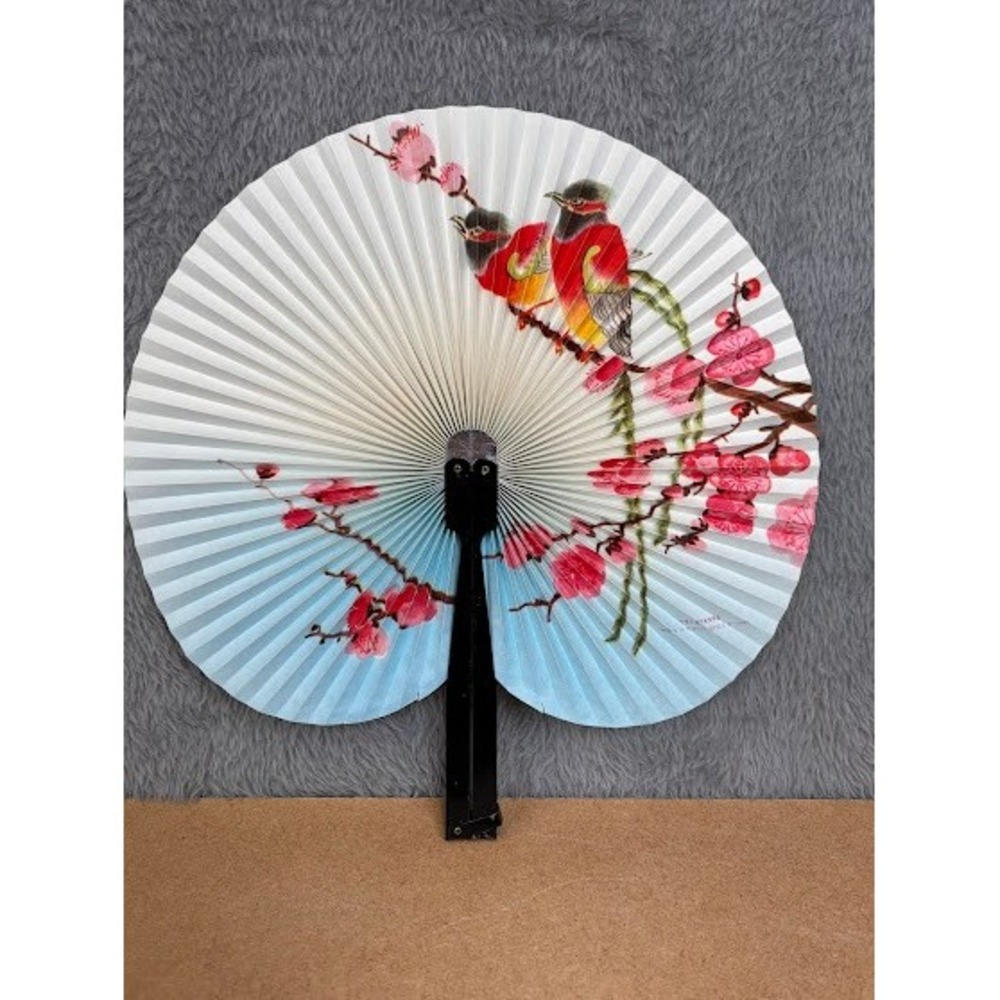 Vintage Chinese Folding Hand Fan Birds Cherry Blossoms Blue White Pink 9 Inch